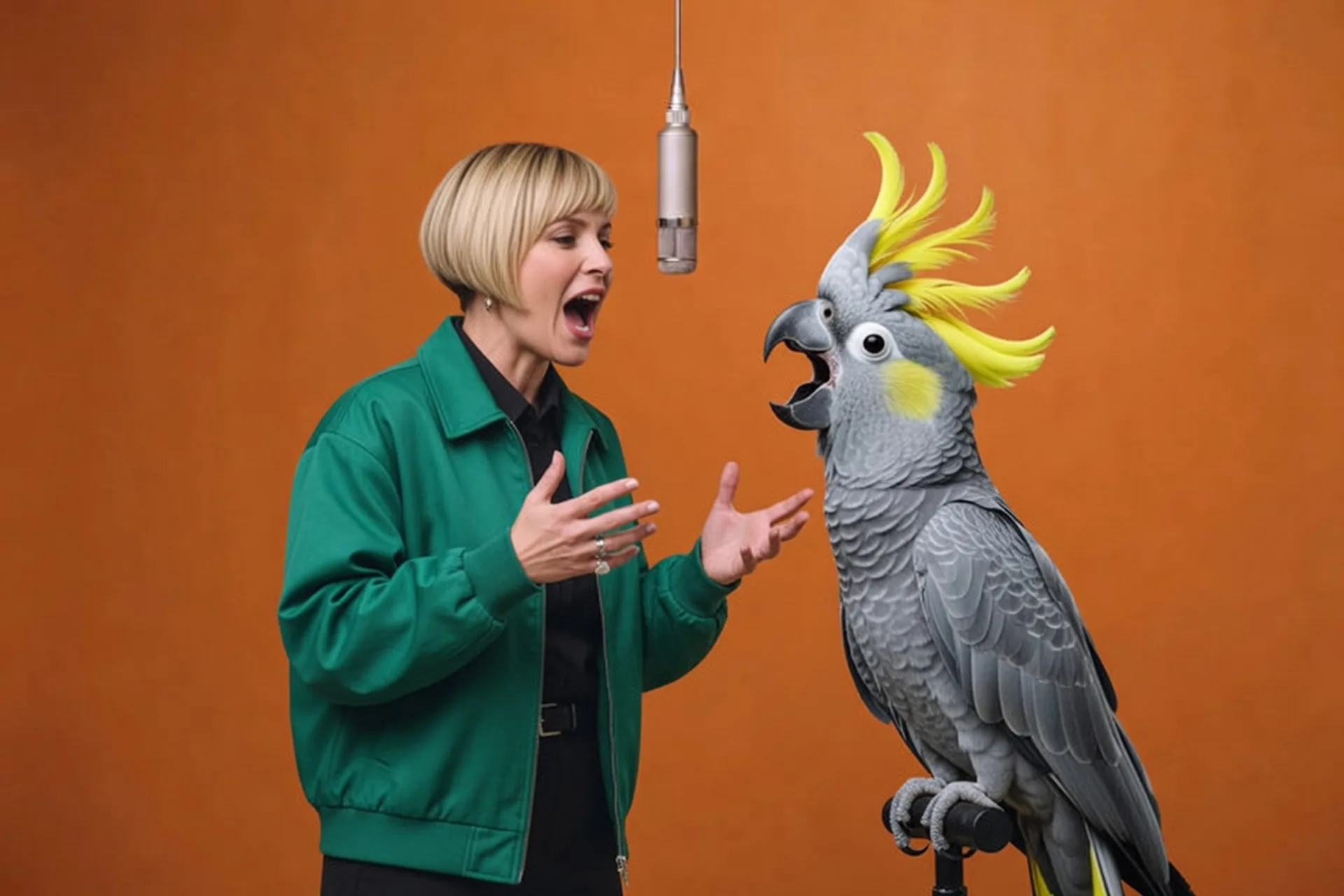 A woman and a cockatoo rapping toward a hanging silver microphone on an orange backdrop
